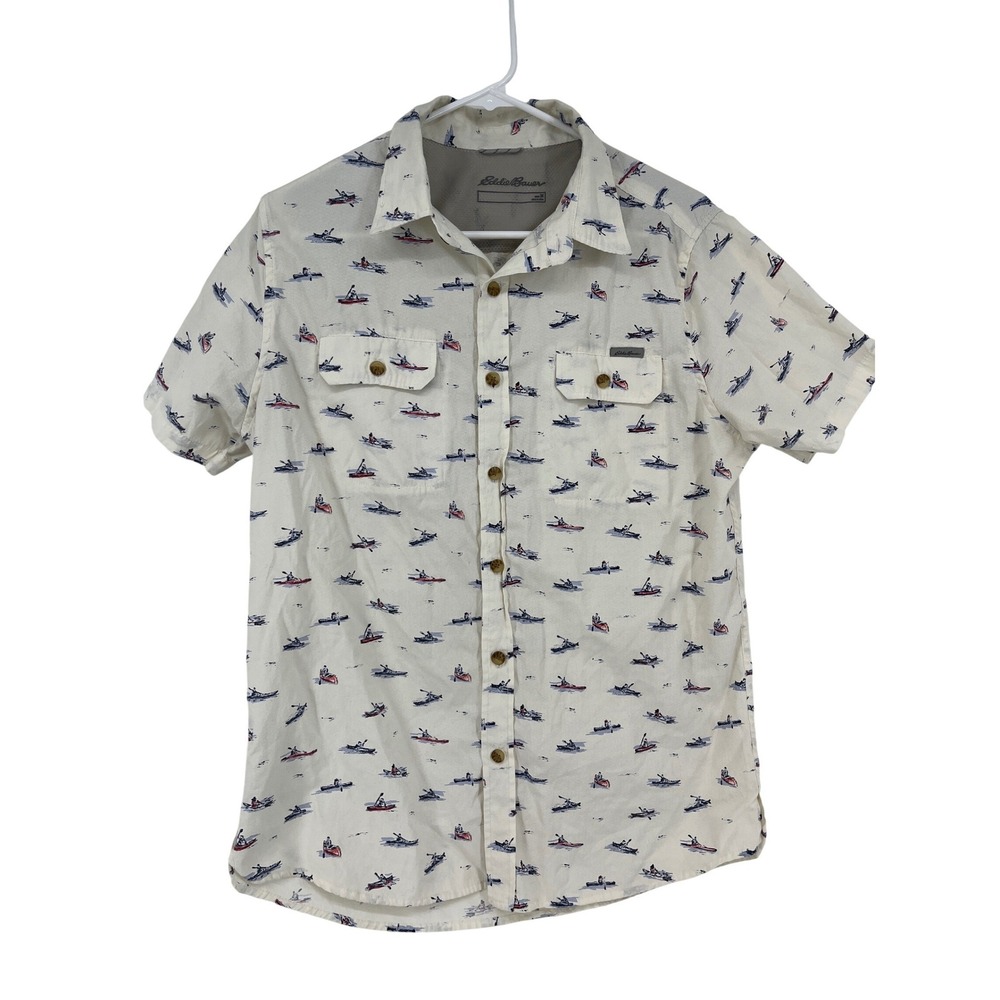 Eddie Bauer Mens‎ Short Sleeve Kayak Print Button Down Shirt Cream EM12SW223 M